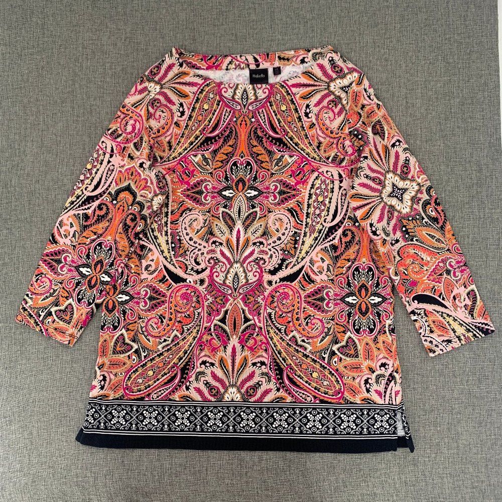 Rafaella Paisley Print Tunic Top Boat Neckline Large Pink Orange Black Cotton